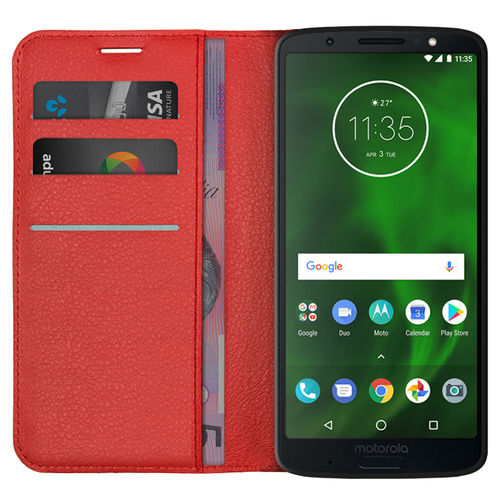 Leather Wallet Case & Card Holder Pouch for Motorola Moto G6 Plus - Red